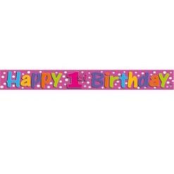 Colorful banner reading 'Happy 1st Birthday' on a pink background with confetti.