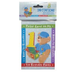 Bear-themed first birthday invitation with envelopes; front shows a bear in a blue cap holding presents and a large yellow '1' balloon, with '1st Birthday Party' borders and 'Please Come to My' at the top.