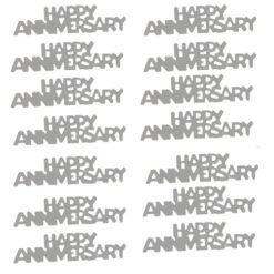 Pattern of the words 'HAPPY ANNIVERSARY' repeated in gray, arranged in two vertical columns.