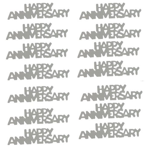 Pattern of the words 'HAPPY ANNIVERSARY' repeated in gray, arranged in two vertical columns.
