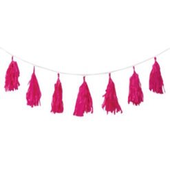 Pink tassel garland hanging on a string, used as party decor.