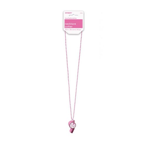 Pink beaded necklace with a small round pink pendant hanging at the bottom, photographed against a white background (long style).**