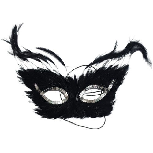 Black feather masquerade mask with bead-trimmed eye holes for a costume or party look.
