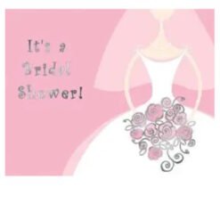 Pink bridal shower invitation with a stylized bride holding a bouquet of pink roses and the text 'It's a bridal shower!'
