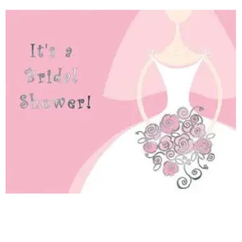 Pink bridal shower invitation with a stylized bride holding a bouquet of pink roses and the text 'It's a bridal shower!'