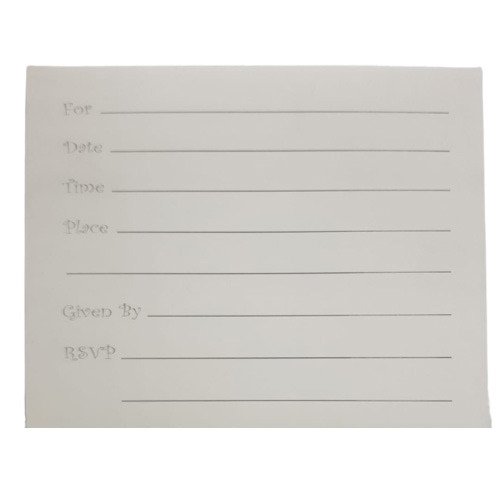 White RSVP card with lines for For, Date, Time, Place, Given By, and RSVP, currently blank.