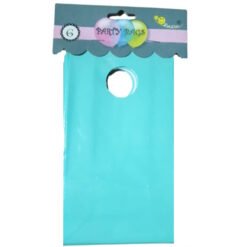Turquoise paper party favor bag with a circular hole handle and a top label reading 'Party Bags'