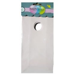 Tall white paper party favor bag with a circular hole near the top and a colorful 'Party Bags' header above.