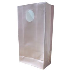 Tall metallic standing pouch with a circular window cutout near the top, standing upright on a white background.