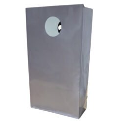 Gray rectangular packaging bag with a circular viewing hole near the top showing part of the contents behind it