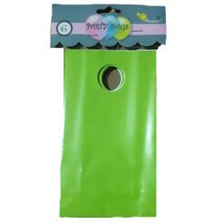 Bright lime green party favor bag with a circular hand-hole cutout and a decorative blue header labeled Party Bags at the top