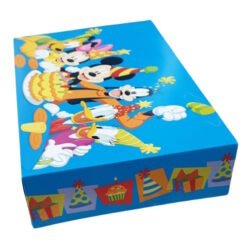 Blue rectangular party box with Disney characters (Mickey, Minnie, Donald, Pluto) on the lid, decorated with party hats and balloons; gift icons along the edge.