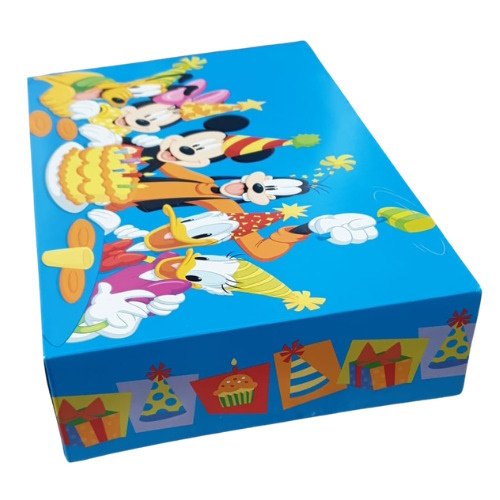 Blue rectangular party box with Disney characters (Mickey, Minnie, Donald, Pluto) on the lid, decorated with party hats and balloons; gift icons along the edge.