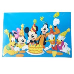 Mickey Mouse, Minnie Mouse, Donald Duck, Goofy and friends celebrate a birthday around a cake with candles and party hats.