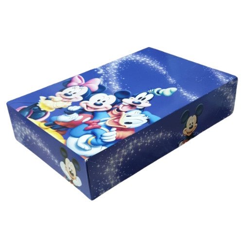 Blue rectangular gift box with Mickey Mouse and friends on the lid, on a starry blue background with snowflake accents.