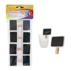 Eight mini blackboard pegs with wooden frames in clear packaging, arranged in two columns of four.