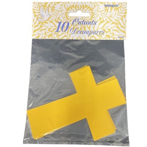 Yellow cross-shaped craft cutouts on gray backing inside a plastic package labeled 'Cutouts 10 Découpes'.