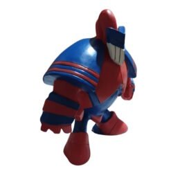 Colorful toy figure in red and blue armor, posed as if marching forward.