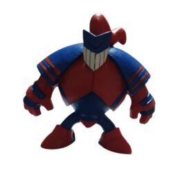 Blocky red-and-blue robot action figure standing with fists clenched on a white background.