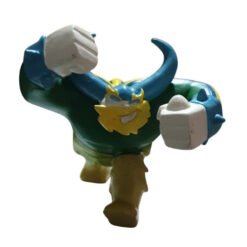 Plastic action-figure superhero with blue horns, yellow hair, green torso, and fists raised in an attack pose against a white background.