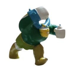 Clay superhero figurine in a dynamic punching pose, with a green body, yellow shorts, and blue/white accessories.