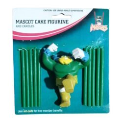 Carded mascot cake figurine product: a green muscular superhero figure with yellow boots and raised fists, between green candle rods on a blue card.