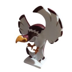 Plastic figurine of a bald eagle with wings spread, yellow beak, perched on a white base.