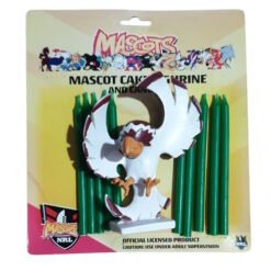 Plastic mascot bird figure (white wings, brown head) mounted on a small stand, surrounded by green rods, in yellow retail packaging labeled 'Mascot' with official licensed product marks.