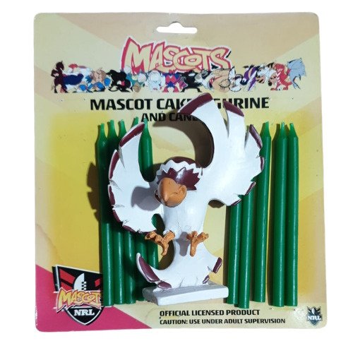 Plastic mascot bird figure (white wings, brown head) mounted on a small stand, surrounded by green rods, in yellow retail packaging labeled 'Mascot' with official licensed product marks.