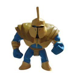 Plastic action figure of an armored warrior in gold and blue, fists clenched and standing on a neutral surface.