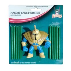 Packaged mascot cake figurine with a gold-armored blue figure flanked by two sets of green candles on teal packaging.