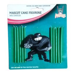 Mascot cake figurine packaging with a black monster figure flanked by green candles; reads 'Mascot Cake Figurine and Candles' on the card header.