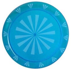 Blue round plate with a light blue radial starburst pattern across its surface.