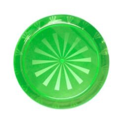 Green round plastic plate with a radial sunburst pattern in lighter green