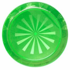 Bright green round plate with a white sunburst pattern radiating from the center.