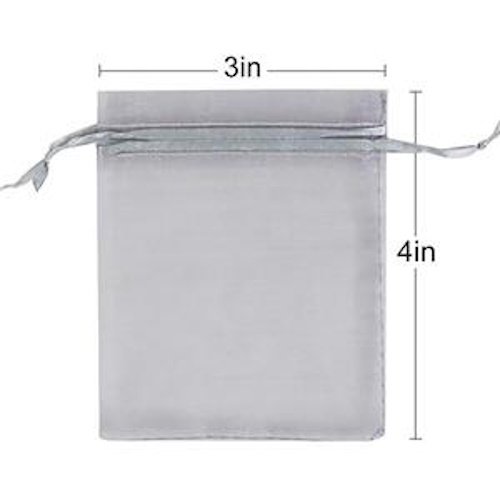 Small satin drawstring pouch, 3 by 4 inches, closed with a string tie at the top.