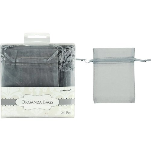 Pack of 24 gray organza drawstring bags inside a clear box, with a single bag shown outside to the right.