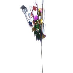 Colorful metallic bouquet with foil shapes and thin wires on a long stem, arranged like a decorative stem