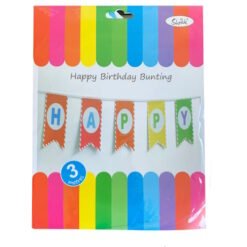 Colorful birthday bunting on packaging with rainbow pennants and the word 'HAPPY' spelled out on orange banners.