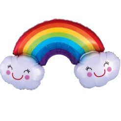 Colorful inflatable rainbow arch with two smiling clouds at each end.