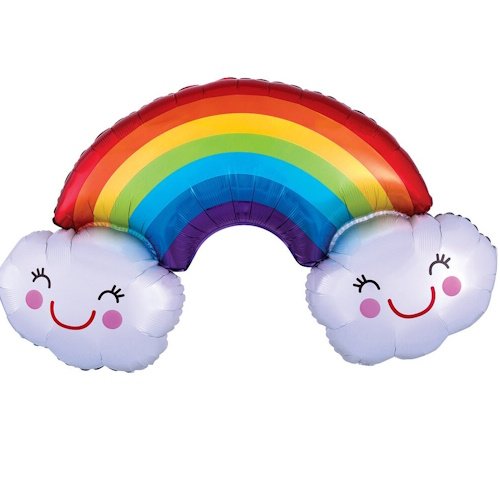 Colorful inflatable rainbow arch with two smiling clouds at each end.