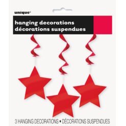 Three red star-shaped hanging decorations with curling ribbons on a white package, labeled 'hanging decorations'