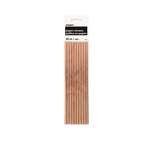 Pack of 10 brown striped paper straws in a clear wrapper with a white label at the top.