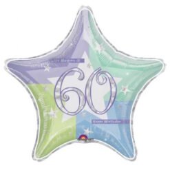 Star-shaped birthday balloon with a pastel gradient and the large number 60, reading 'Happy Birthday'.