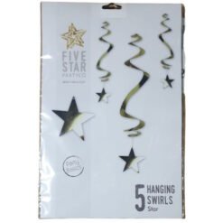 Package of five star hanging swirl decorations for parties, with gold spirals and black stars on a white backing.