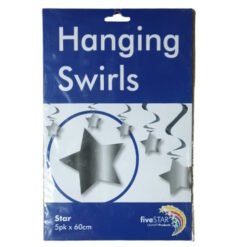 Packaged Hanging Swirls with star shapes; blue packaging says 'Hanging Swirls' and 'Star 5pk x 60cm' on the label, likely party decorations