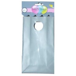 Light blue plastic party favor bag with a round hole near the top and a pastel header reading 'Party Bags'