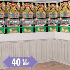 Row of ornate arcade slot machines along a white paneled wall, with a purple '40 feet long' sign on the wooden floor.