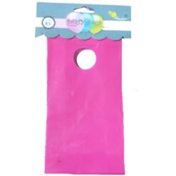 Pink party favor bag with a blue scalloped top labeled 'Party Bags' and balloon graphics.