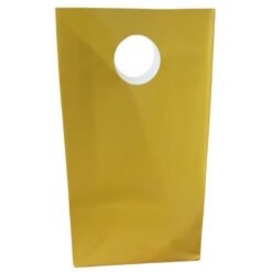 Yellow shopping bag with a circular cutout handle near the top.